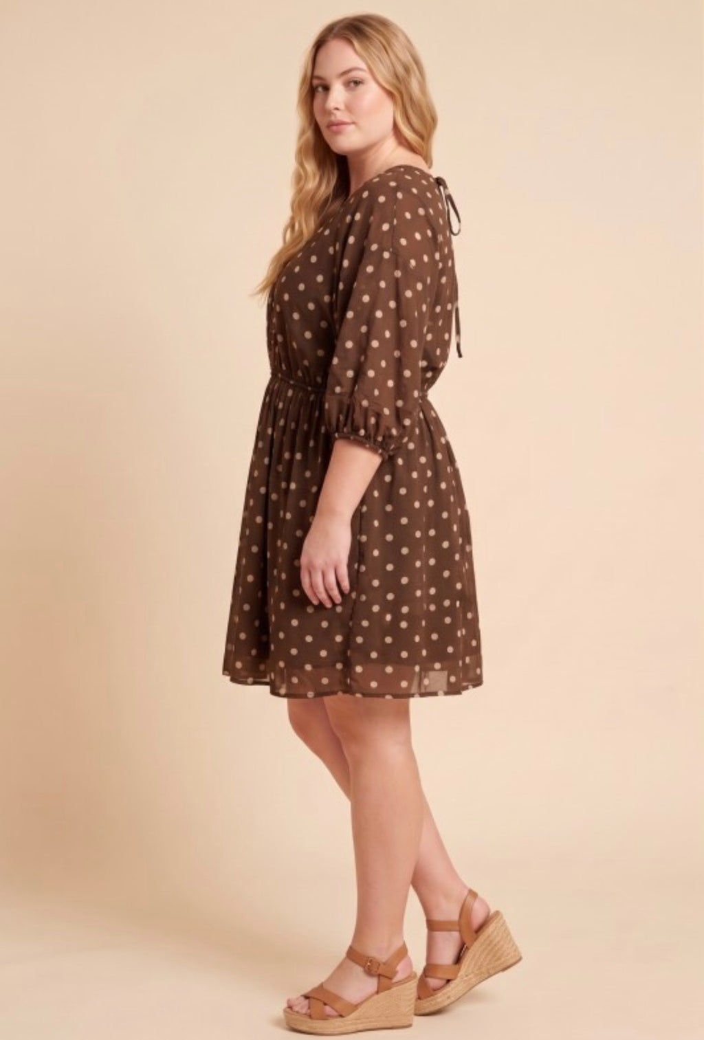 Curvy Smocked Neckline Polka Dot Dolman Dress