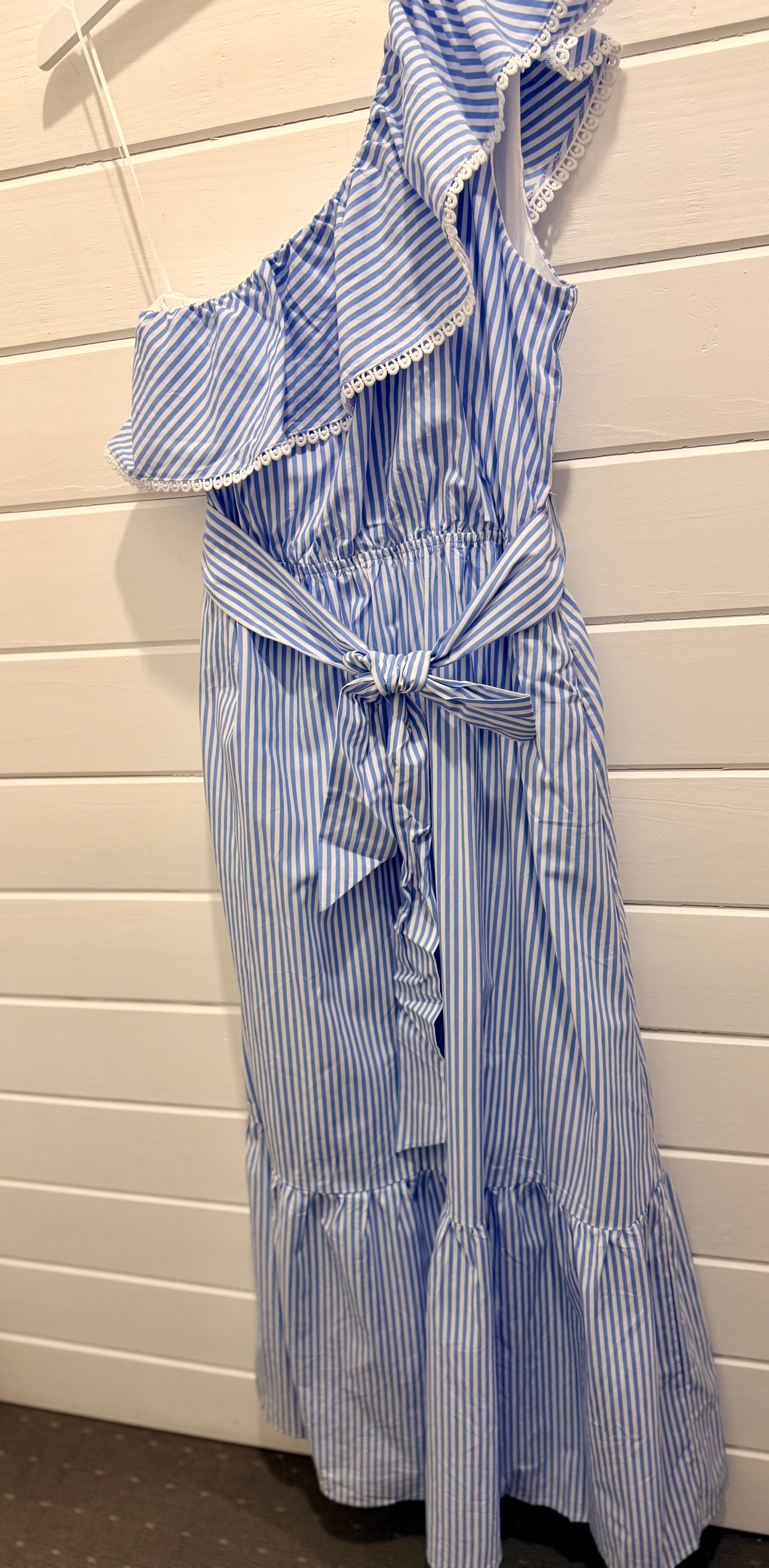 One Shoulder Ruffle Stripe Dress