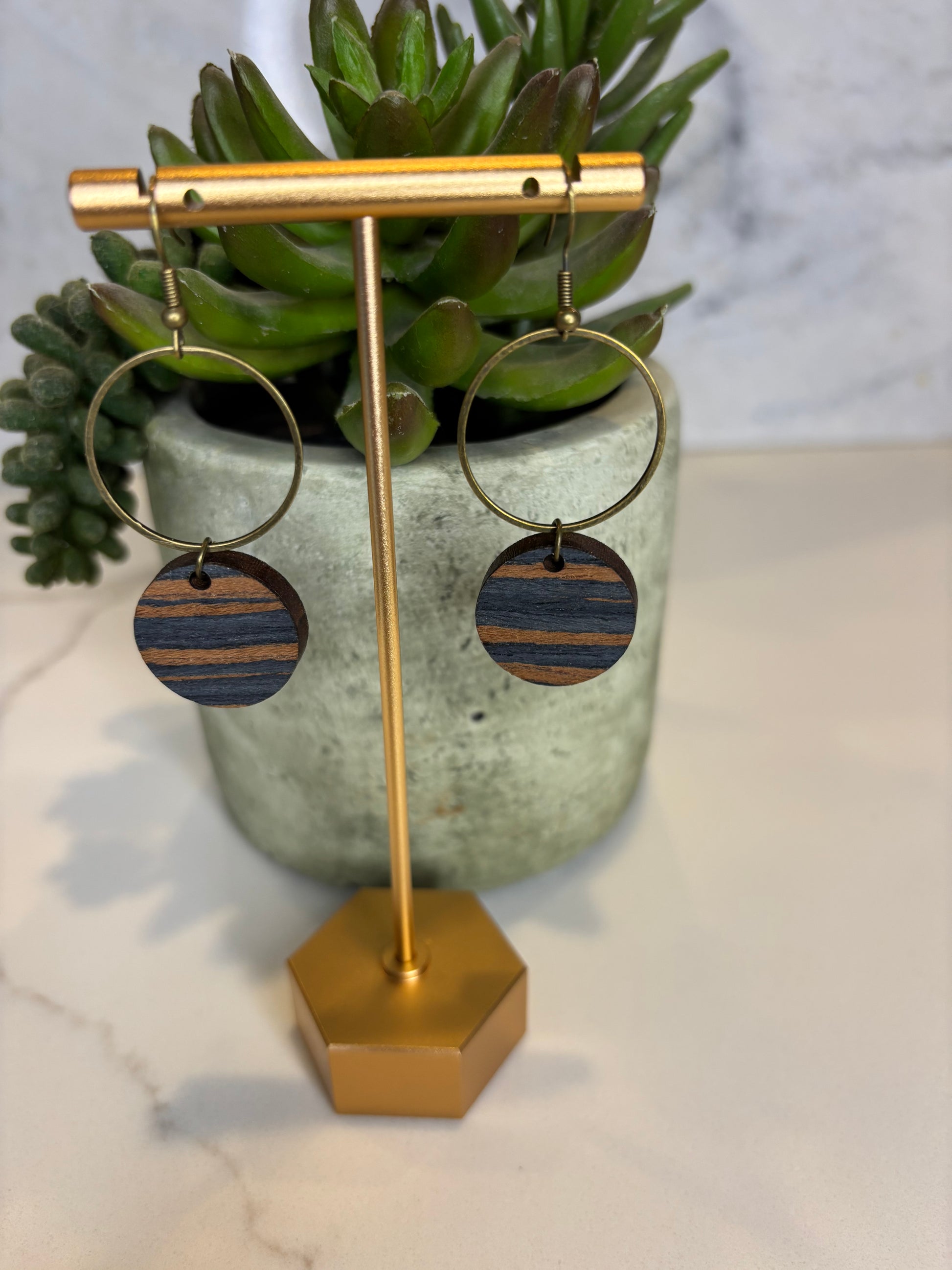 Circle Striped Wood Dangle Earrings