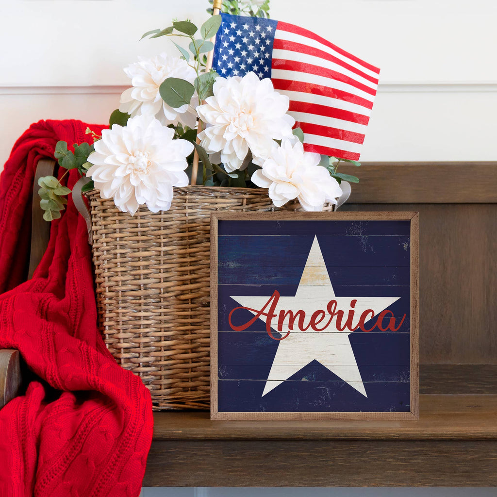 America Star Blue Wooden Sign 8x8