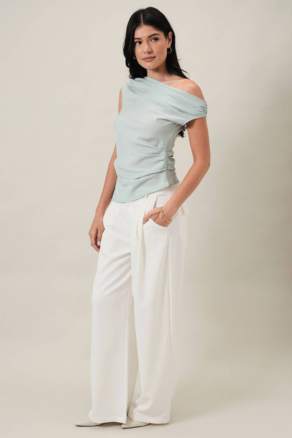 ASYMMETRIC DRAPED ONE SHOULDER RUCHED TOP