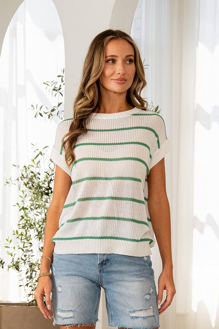 Relaxed Fit Striped Short Sleeve Sweater