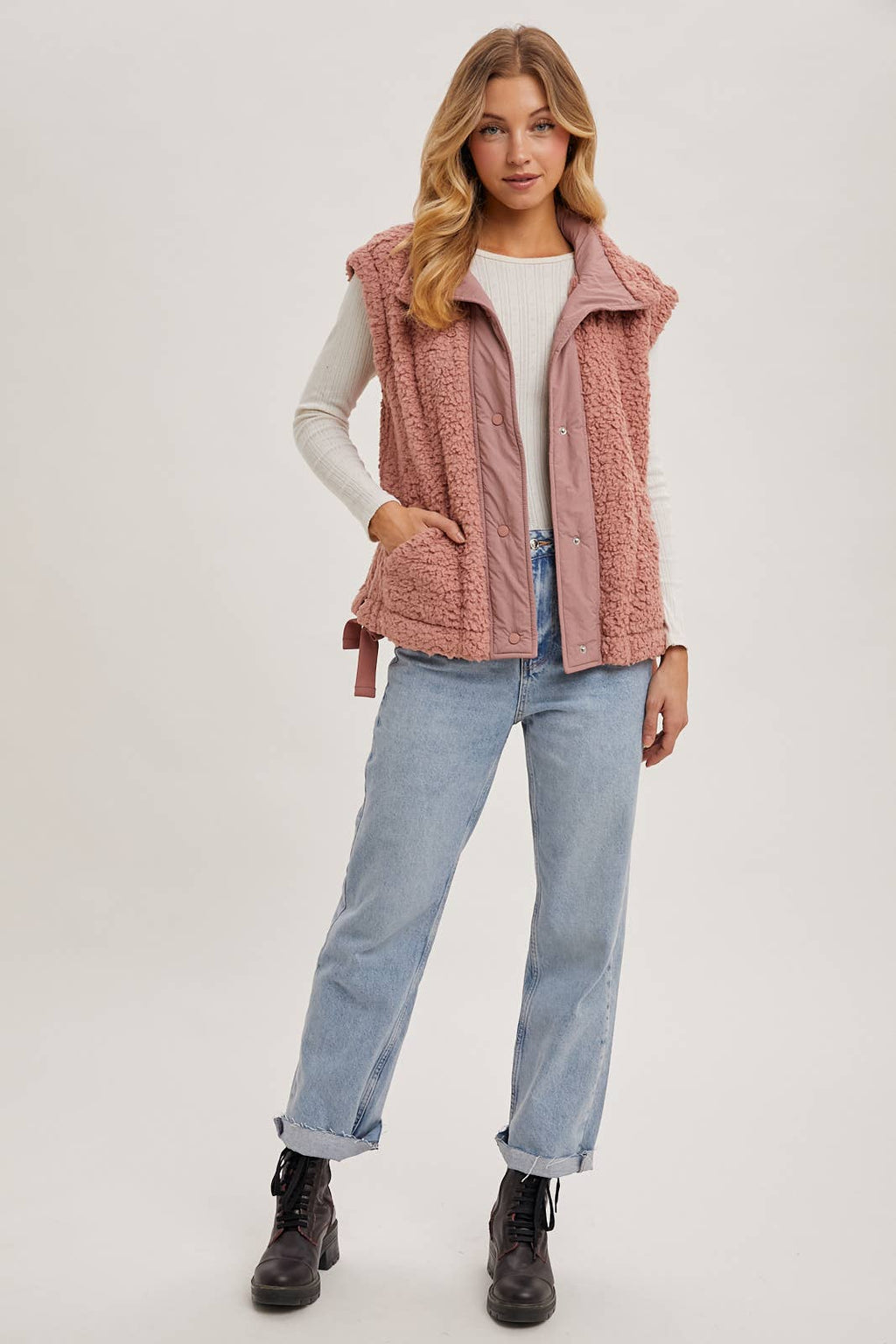 BUTTON DOWN MOCK NECK FLEECE SHERPA VEST