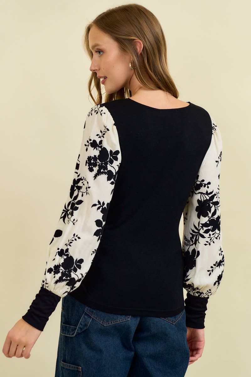 FLORAL JACQUARD CONTRAST SLEEVE KNIT TOP
