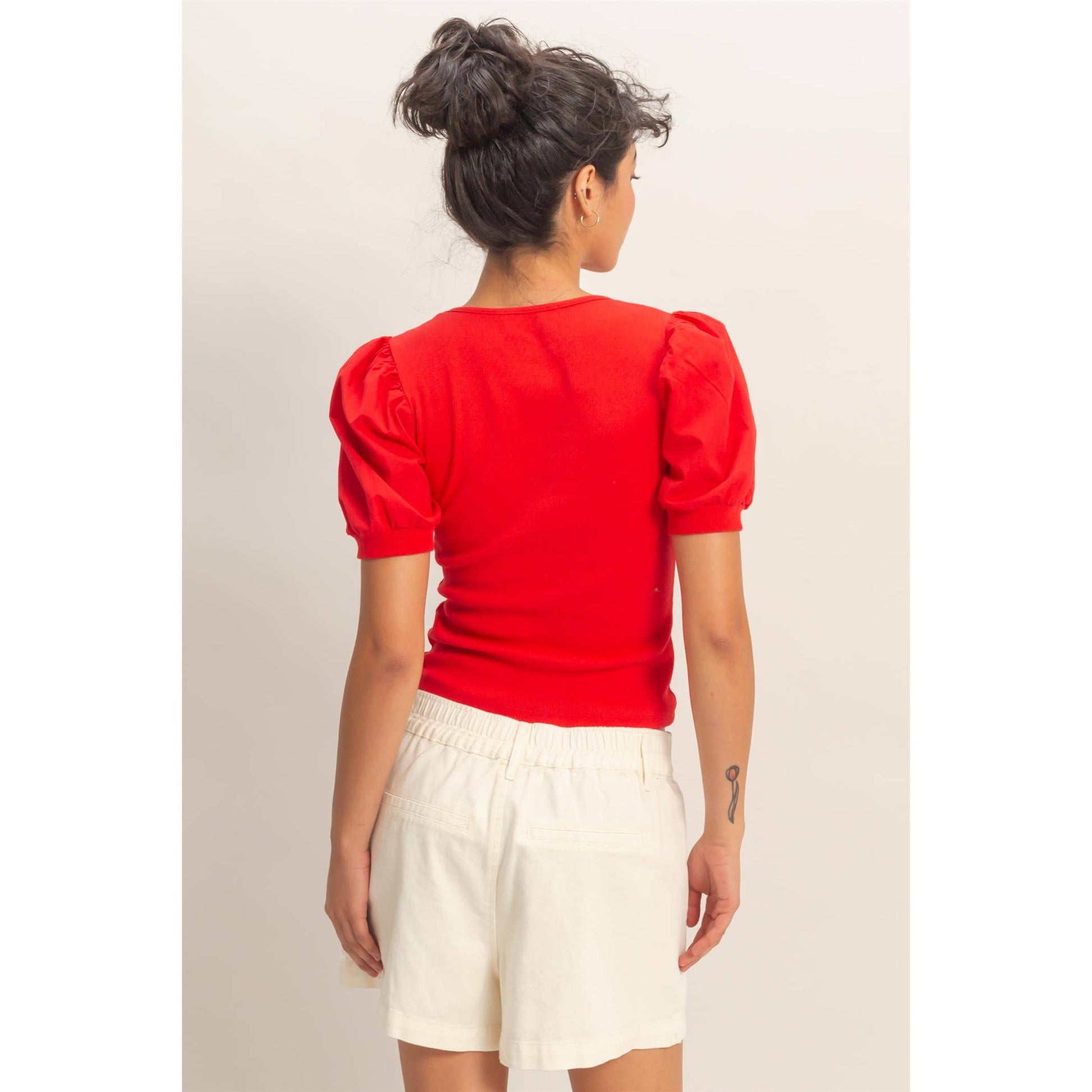 Ribbed Puff Sleeve Scoop Neck Top