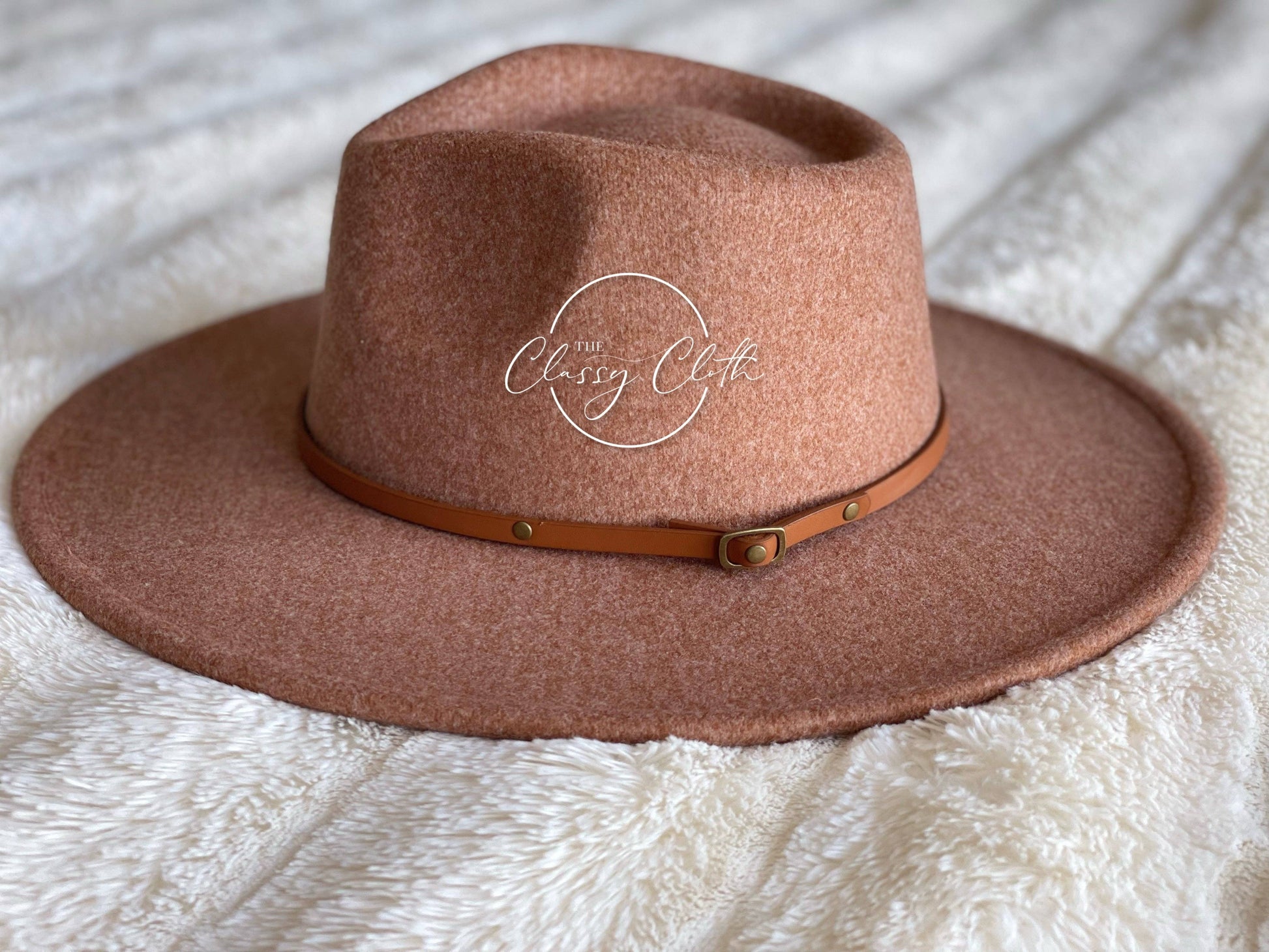 Wool Blend Wide Brim Hat w/ Belt - Camel