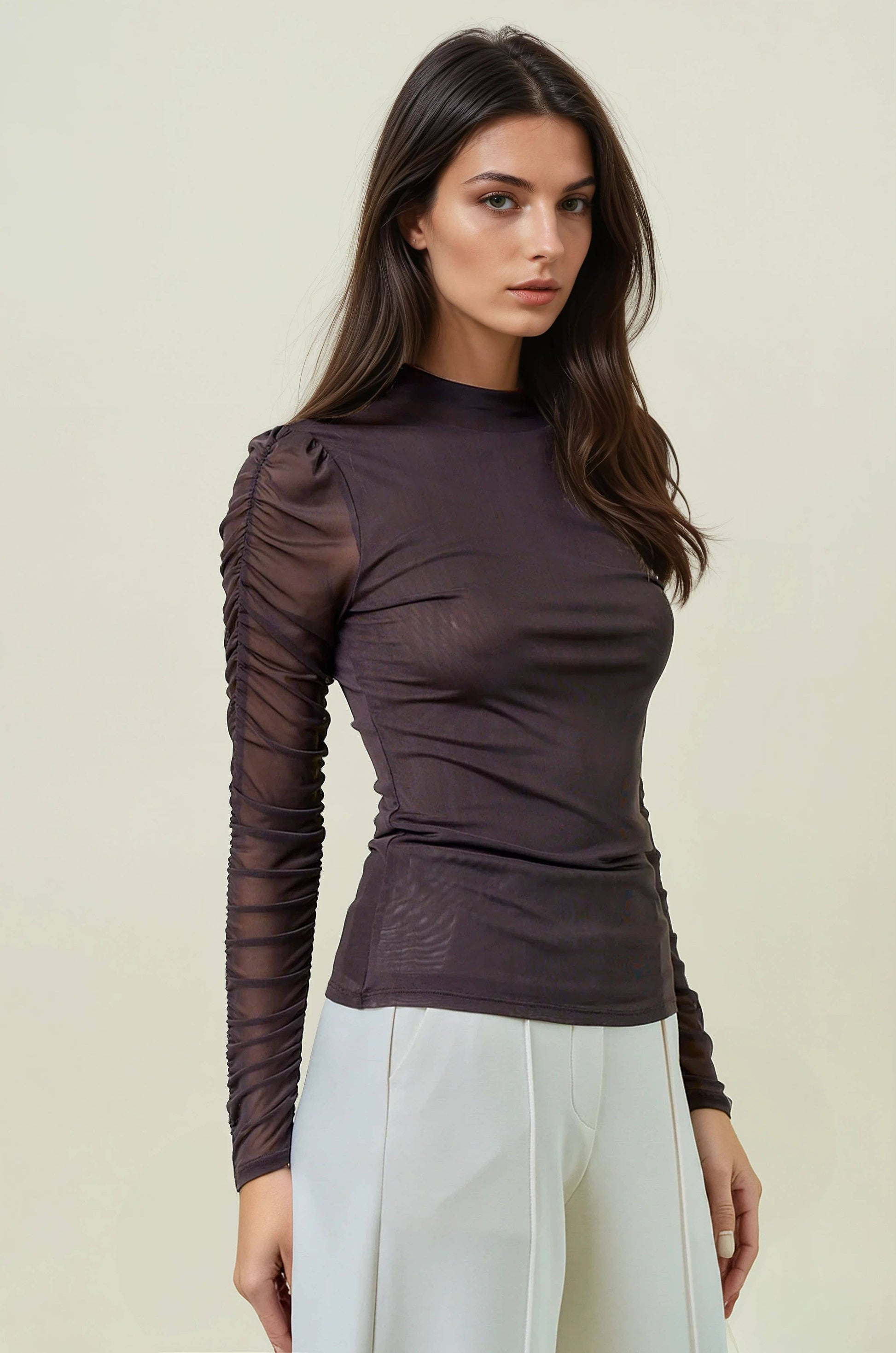 SEMI SHEER MOCK NECK LONG SLEEVE TEE