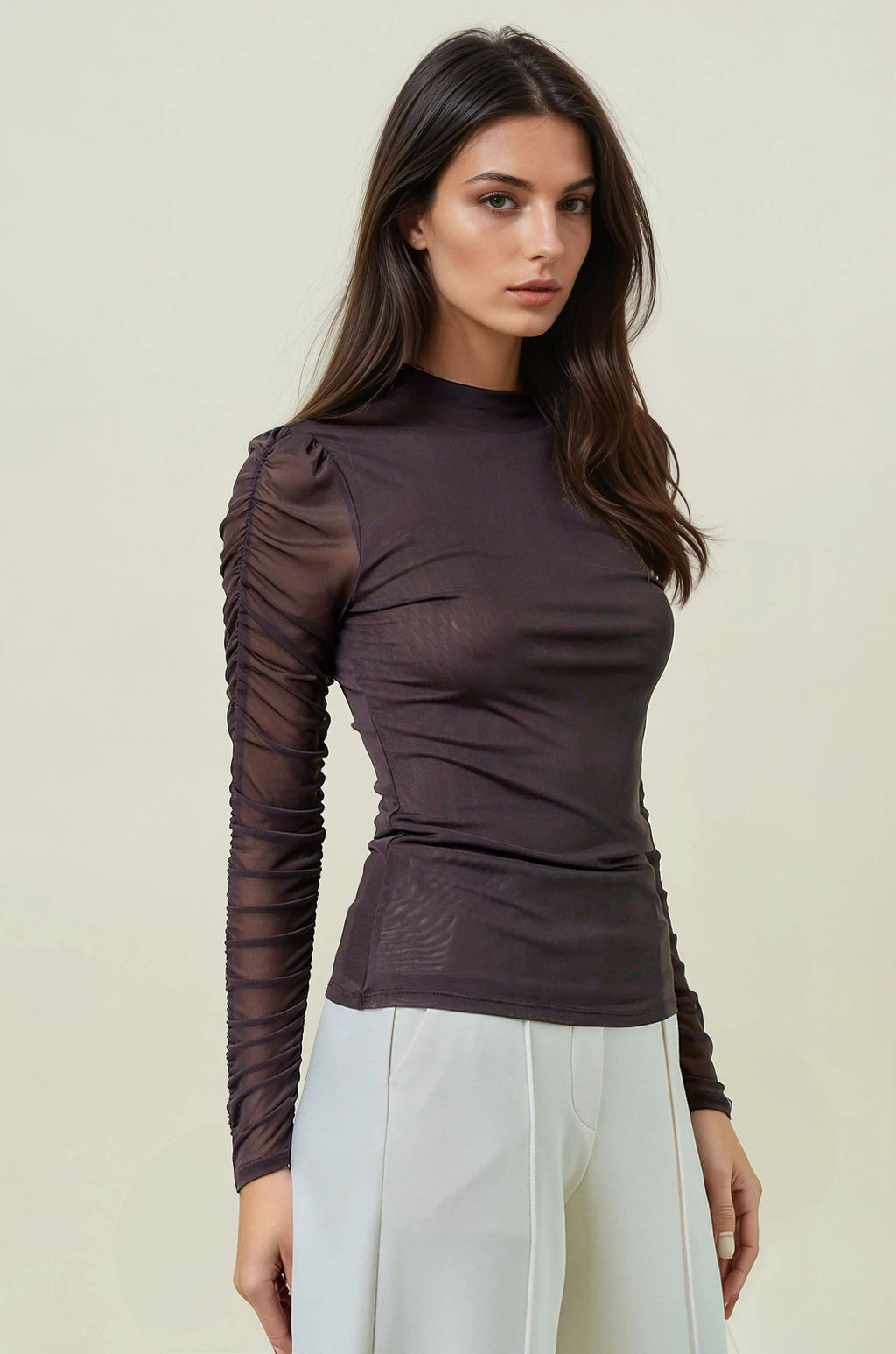 SEMI SHEER MOCK NECK LONG SLEEVE TEE