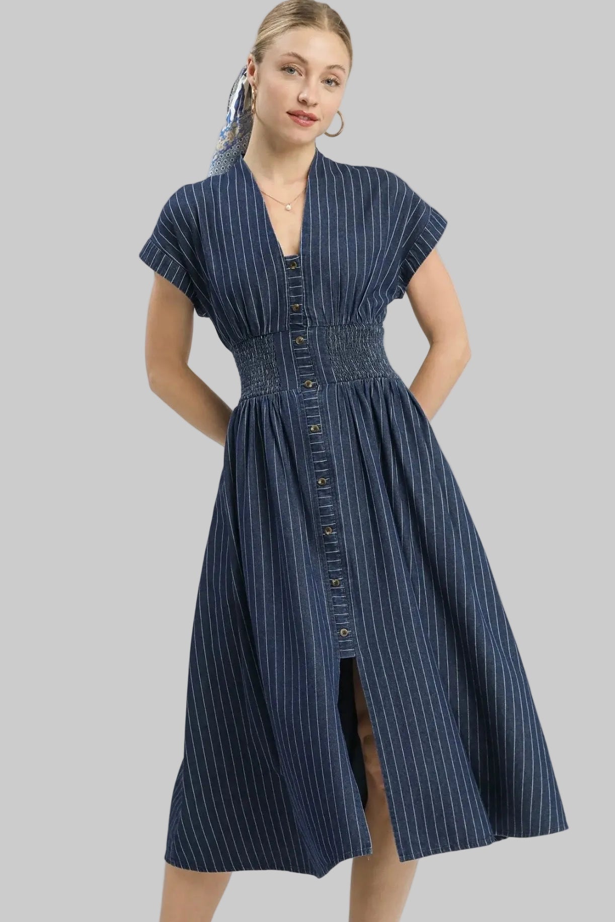 Pinstripe Smocked Waist Denim Midi Dress