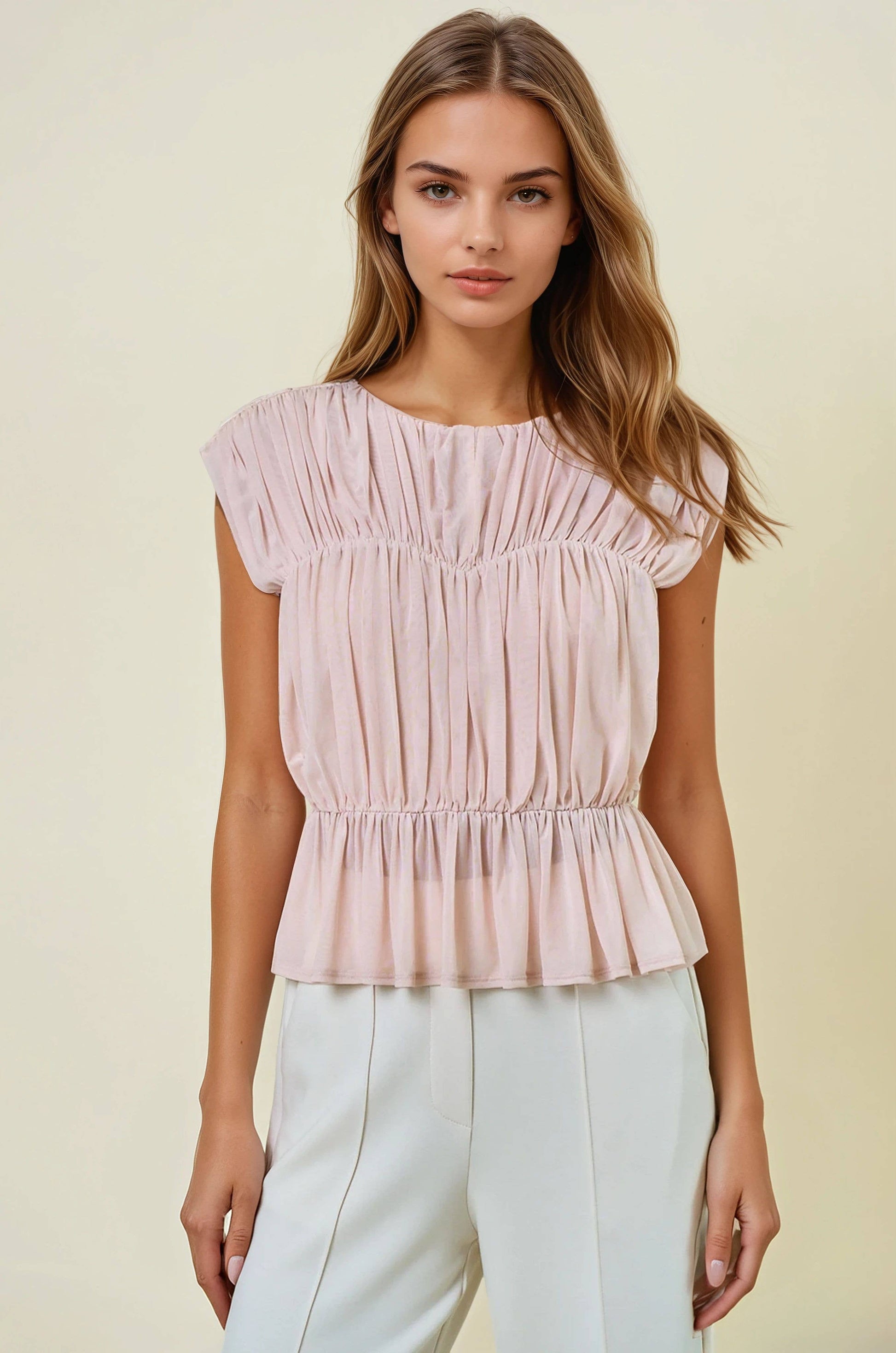 SEMI SHEER SHIRRED PEPLUM KNIT TOP