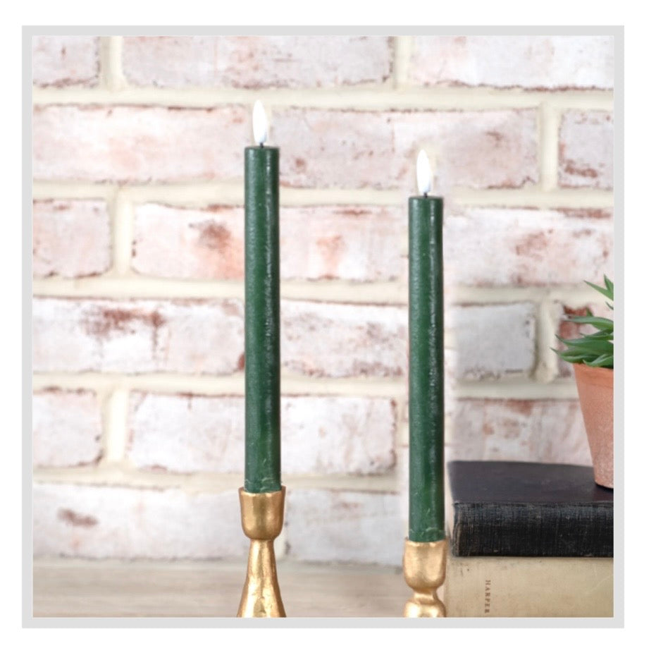 2 PC LED GREEN TAPER CANDLE SET