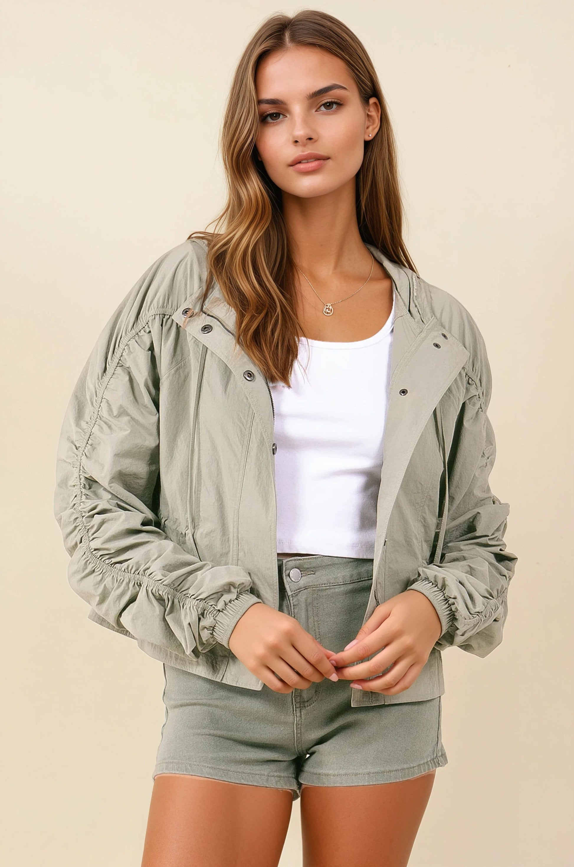 CINCHED SLEEVE LIGHTWEIGHT HOODED JACKET