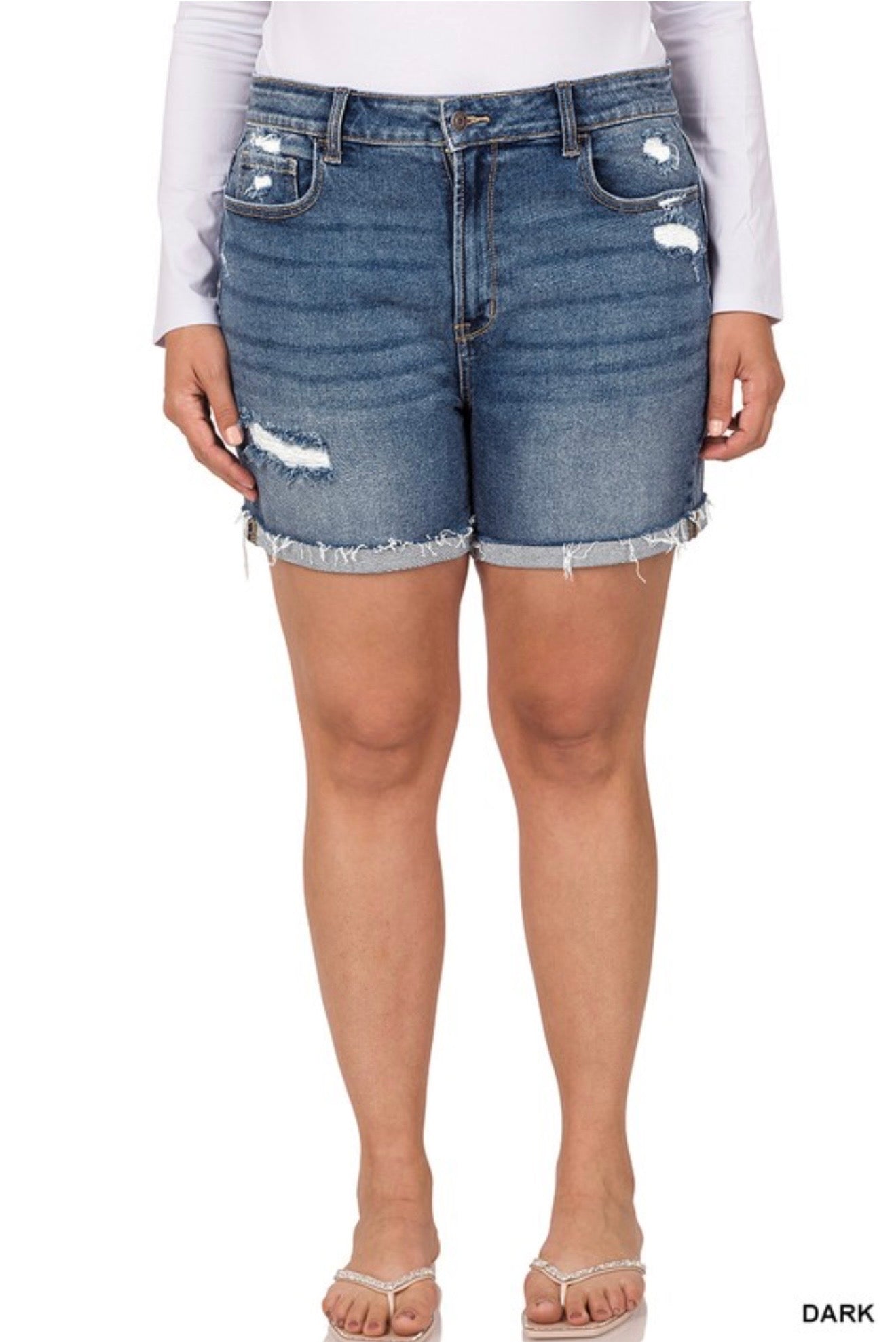 Curvy Cuffed Raw Hem Denim Shorts