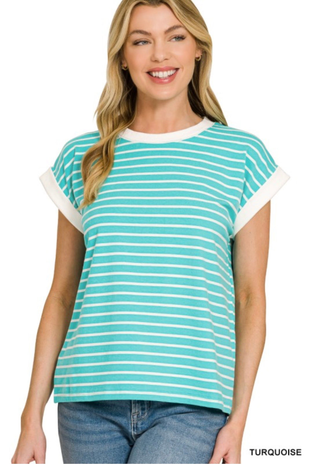 Contrast Trim Cap Sleeve Stripe Tee