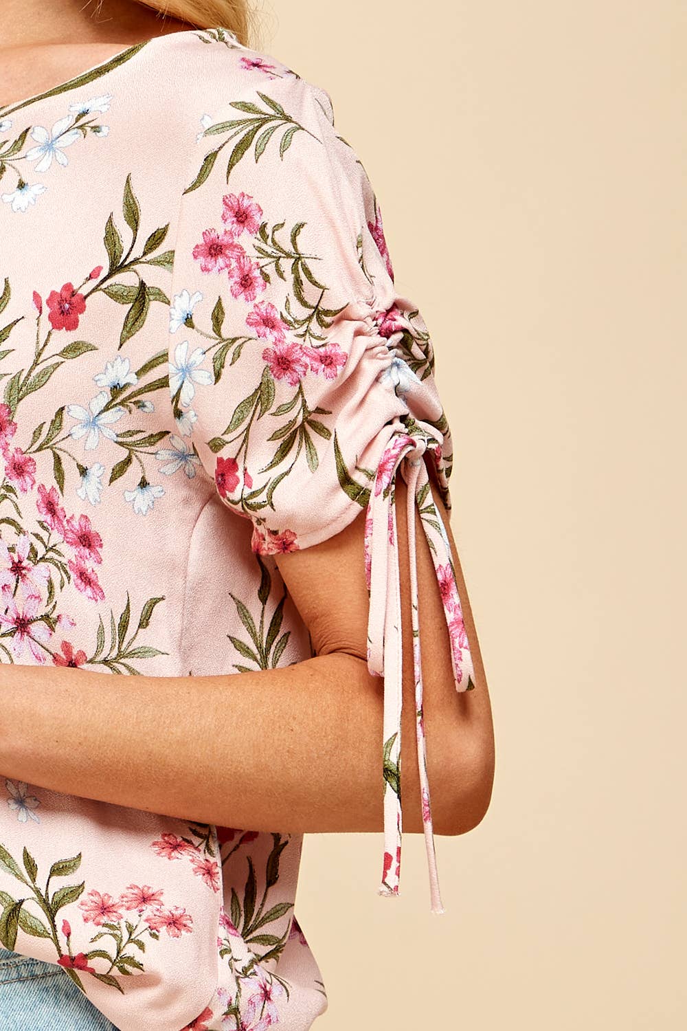 Floral Printed Top with Ruched Sleeves