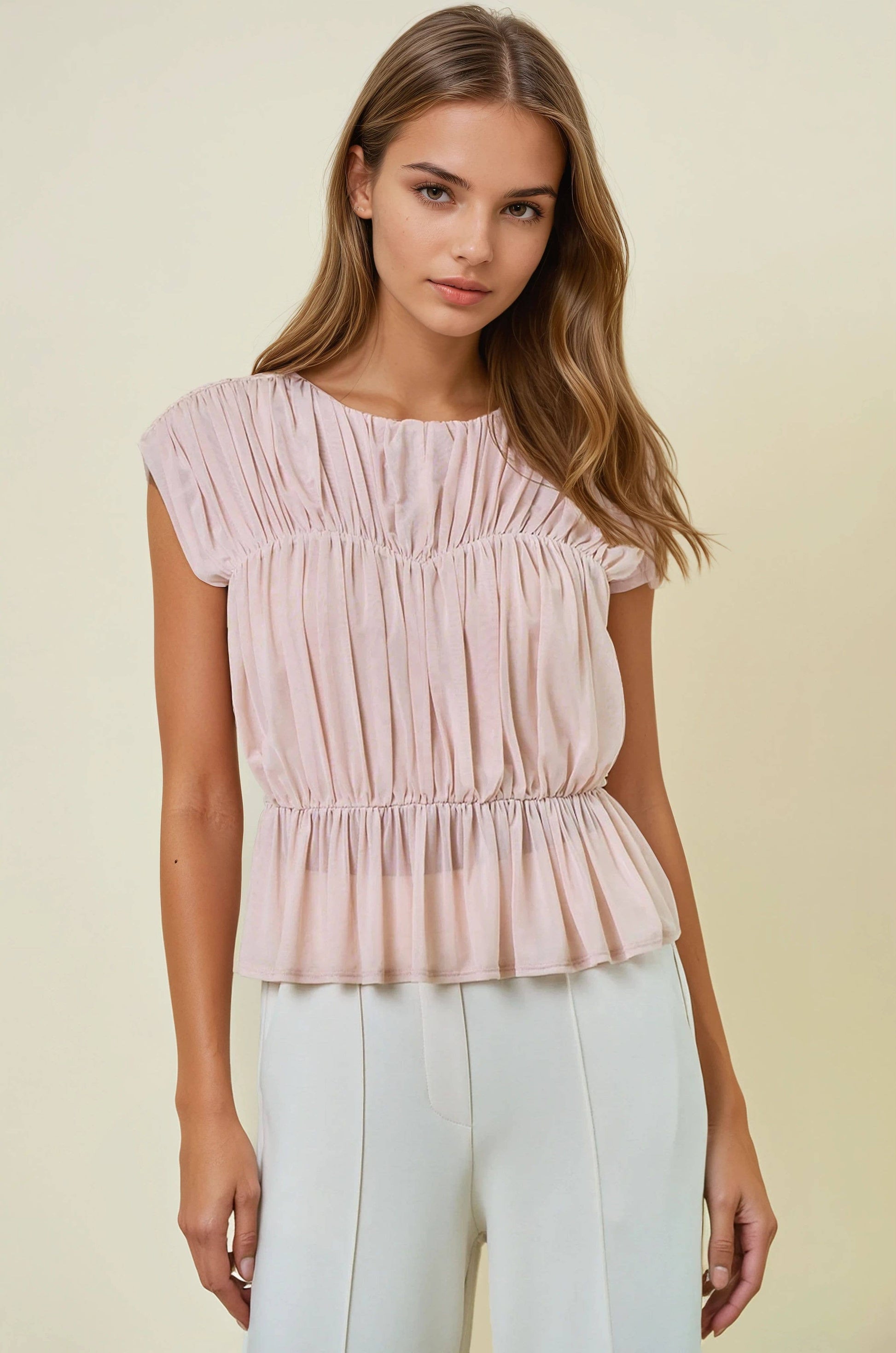 SEMI SHEER SHIRRED PEPLUM KNIT TOP