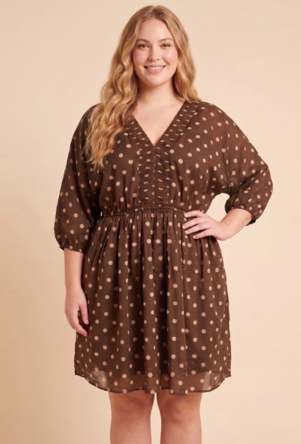 Curvy Smocked Neckline Polka Dot Dolman Dress