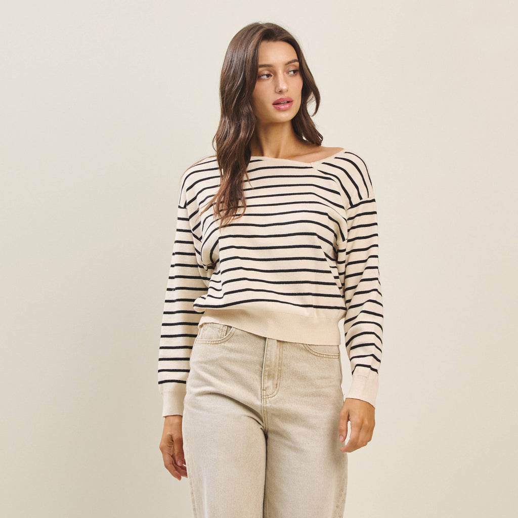 Asymmetric neckline striped sweater