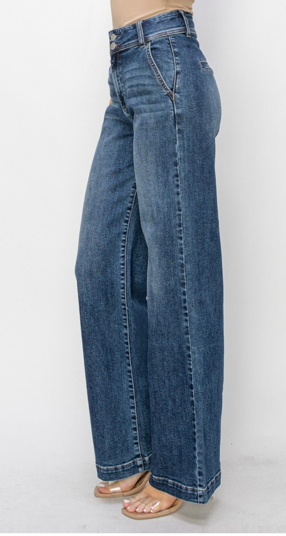 Risen Med Wash Tummy Control HR Double Button Wide Leg Jean