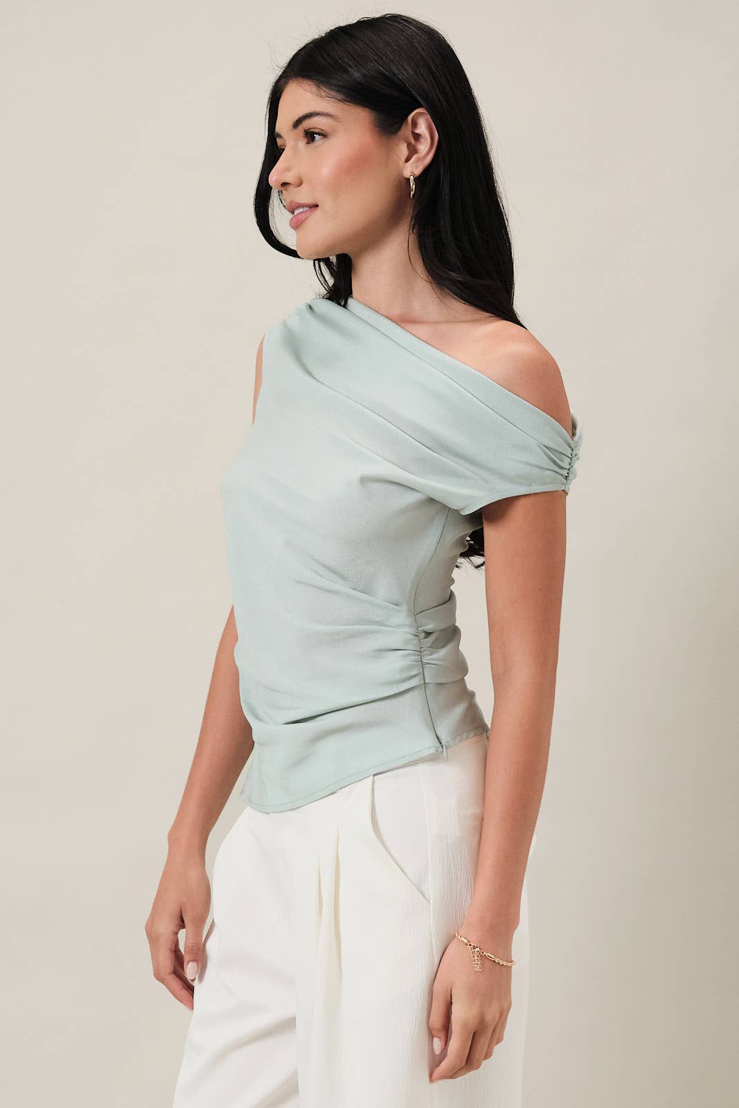 ASYMMETRIC DRAPED ONE SHOULDER RUCHED TOP