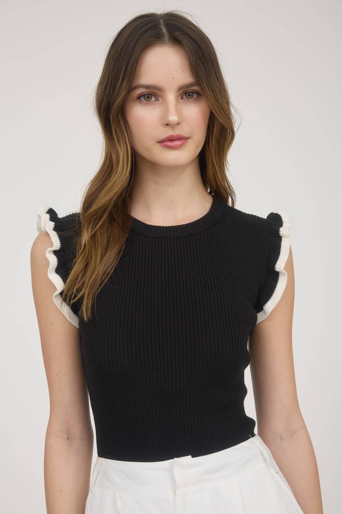 CONTRAST RUFFLE SLEEVE SWEATER KNIT TOP