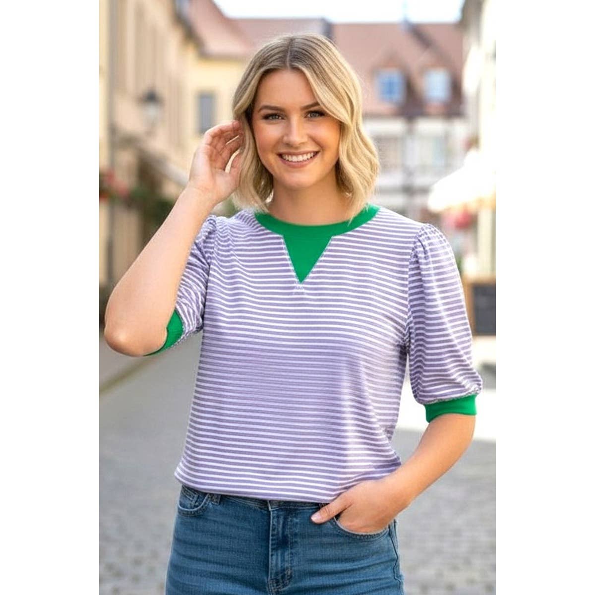 PUFF SLEEVE STRIPED TOP