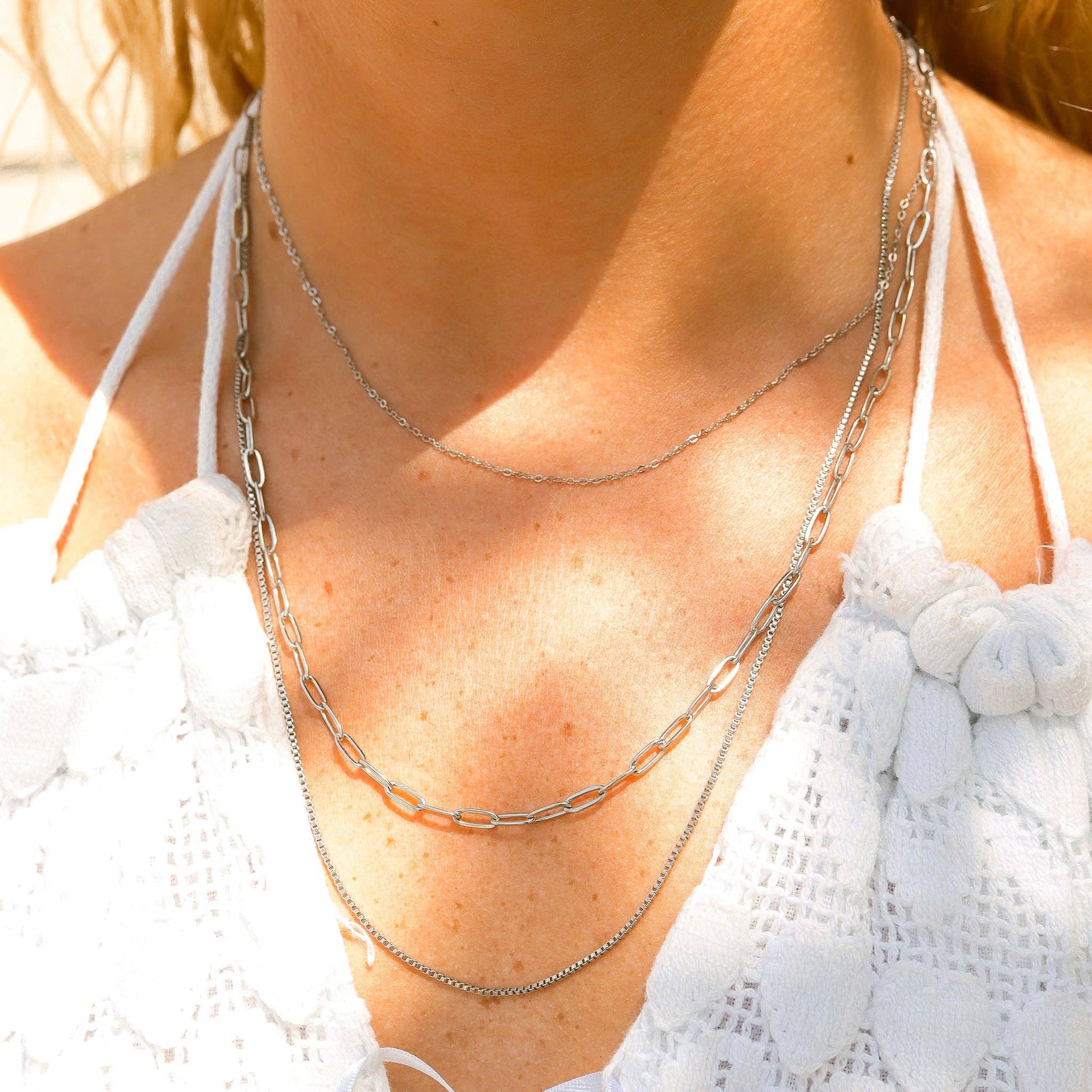 18K Gold PVD Stainless Steel Loop, Box, and Paperclip Layered Chain Necklace