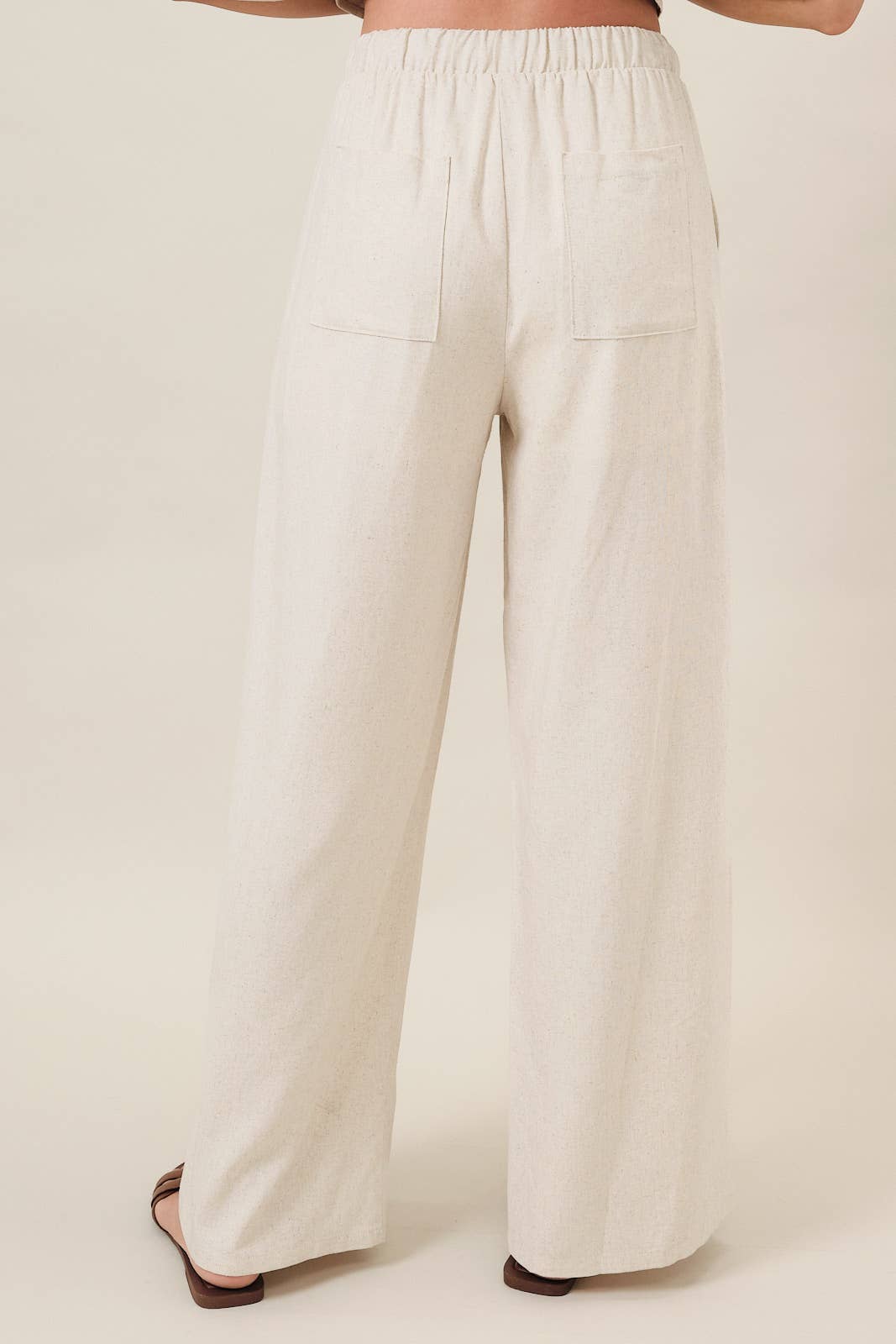 ELASTIC WAIST DRAWSTRING BACK PATCH POCKET WIDE LINEN PANTS