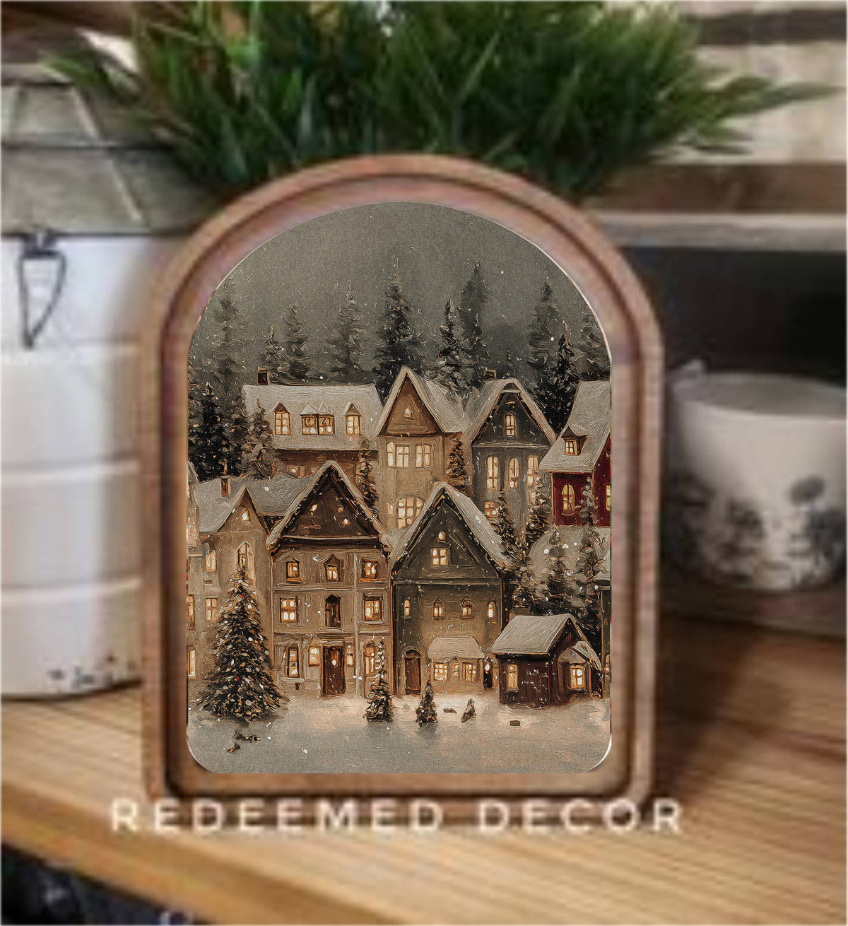 Arch Top Snowy Christmas Village Framed Art 8x11