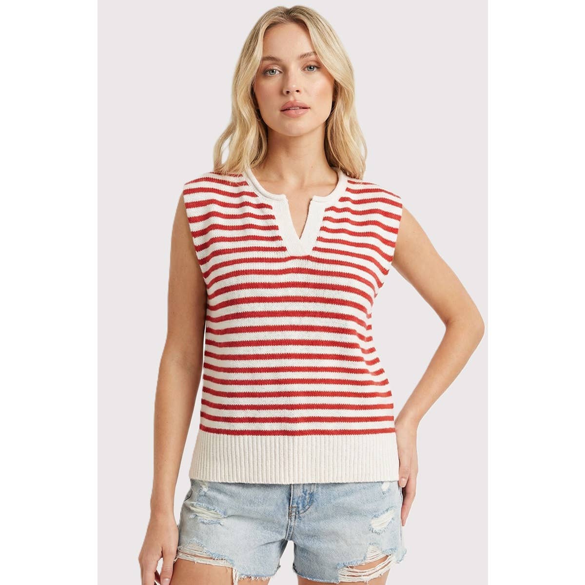 SPLIT NECK STRIPED SWEATER