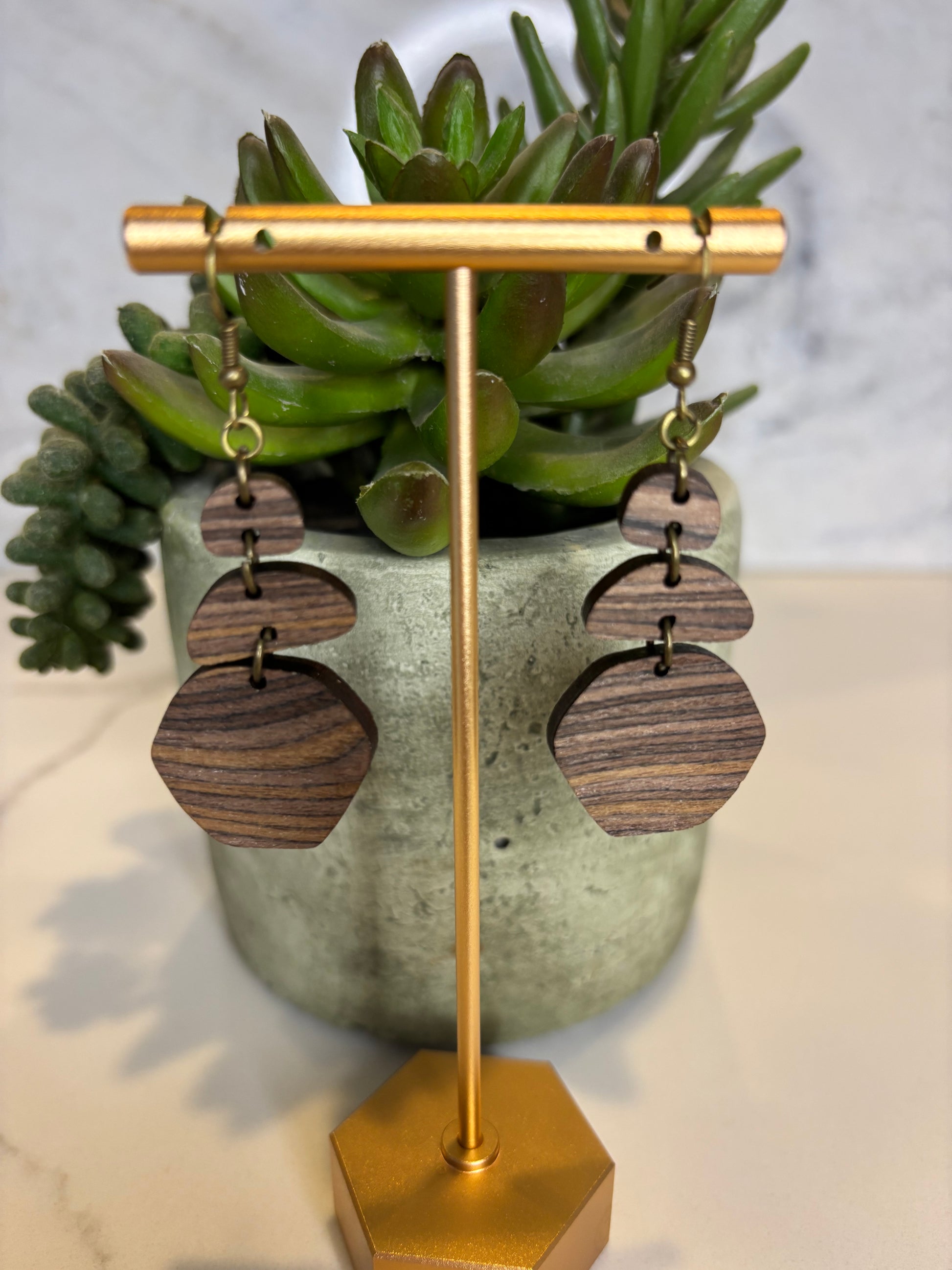 Striped Wood Tiered Dangle Earrings