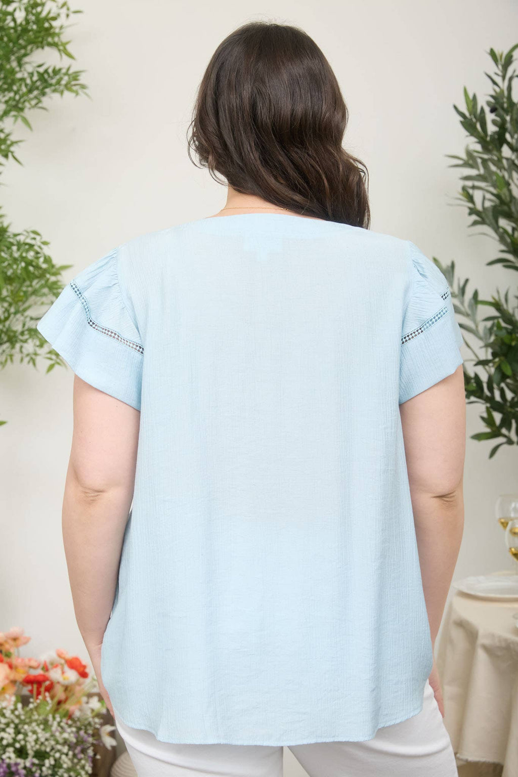 Curvy Lace Trim Ruffle Sleeve Top