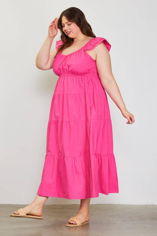 Curvy Poplin Ruffle Sleeve Maxi Dress
