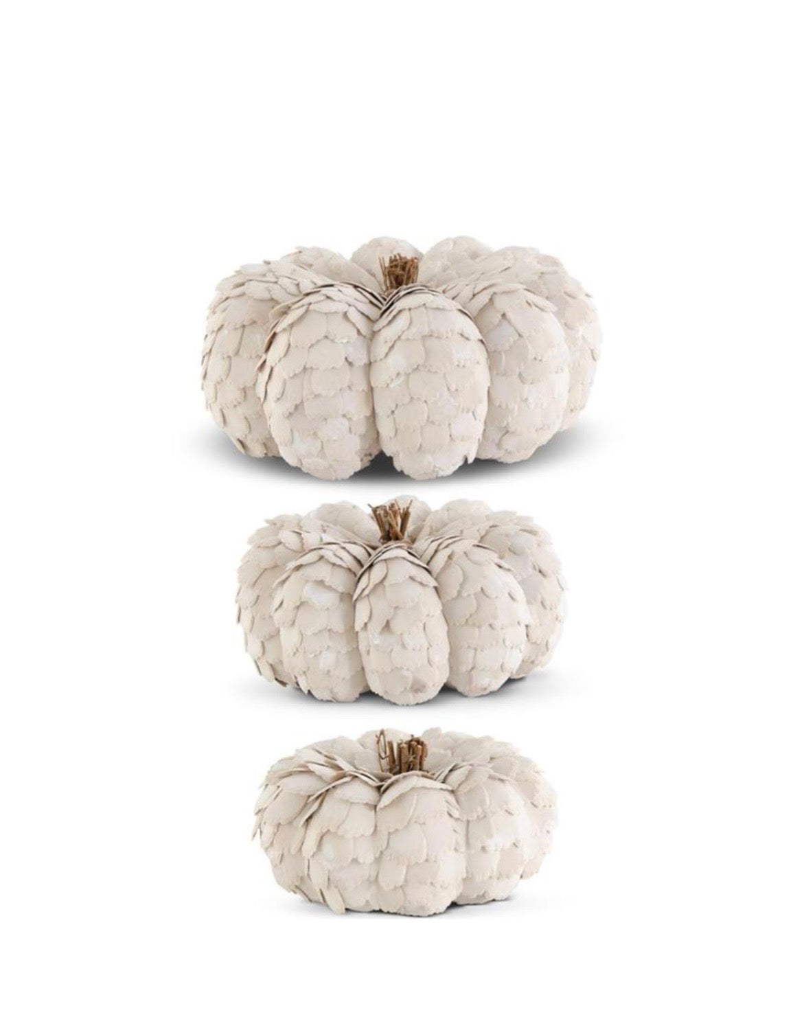 White Scalloped Wood Chip Pumpkins