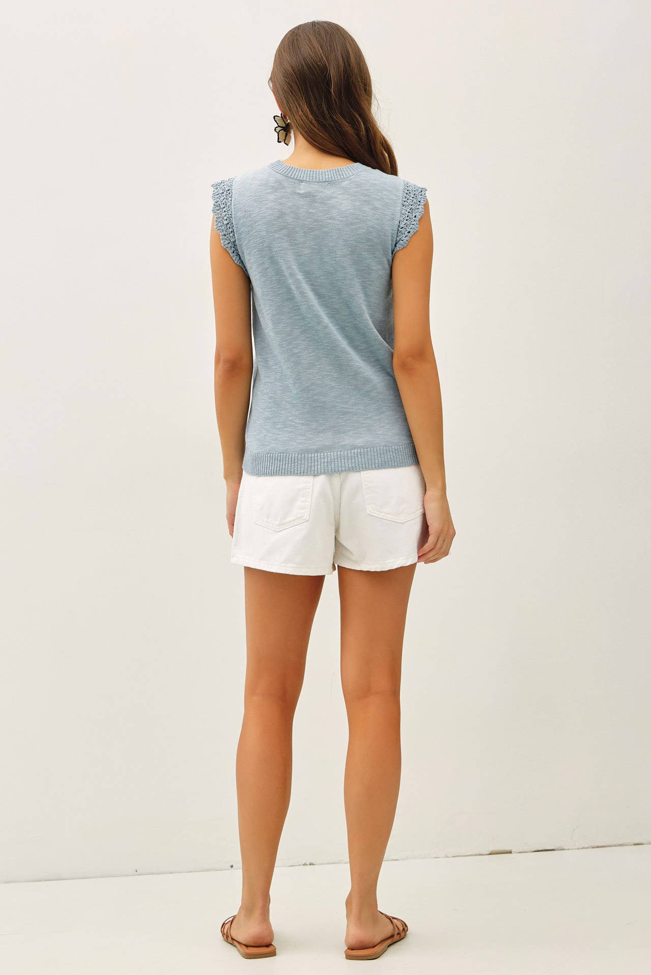 Crochet Ruffle Cap Sleeve Slub Knit Tank Sweater