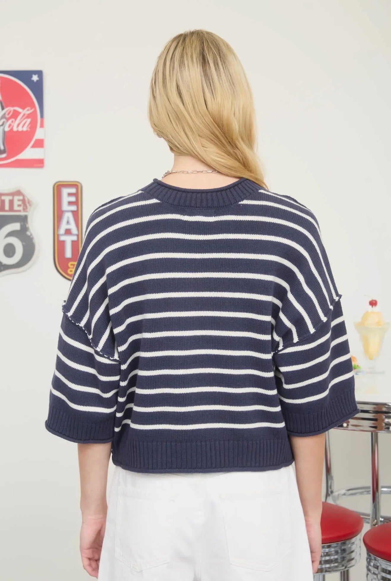 Stripe Raw Edge Short Sleeve Sweater