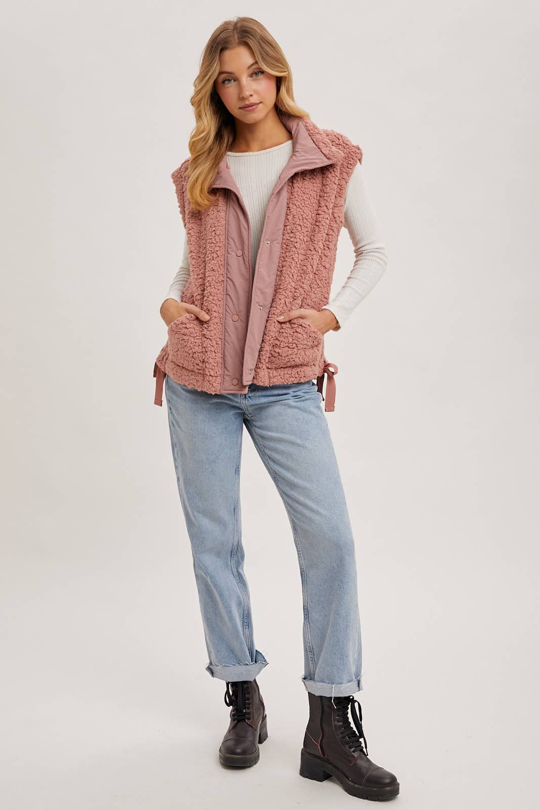 BUTTON DOWN MOCK NECK FLEECE SHERPA VEST