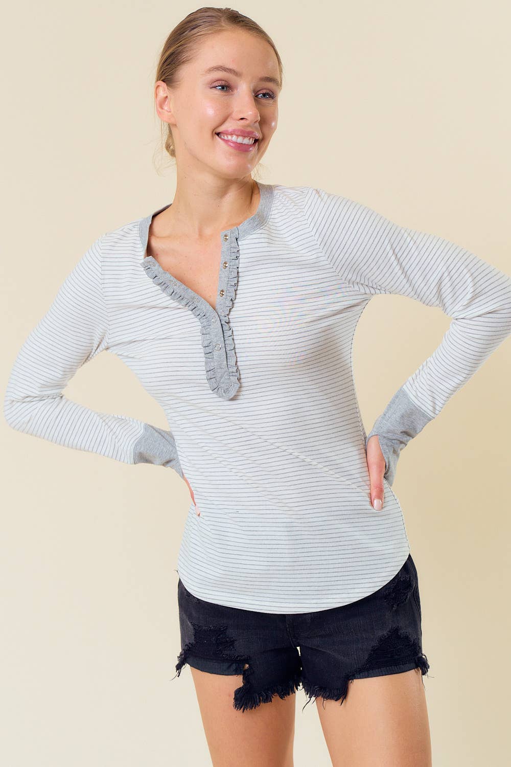 STRIPE LONG SLEEVE HENLEY TOP W/ THUMBHOLES