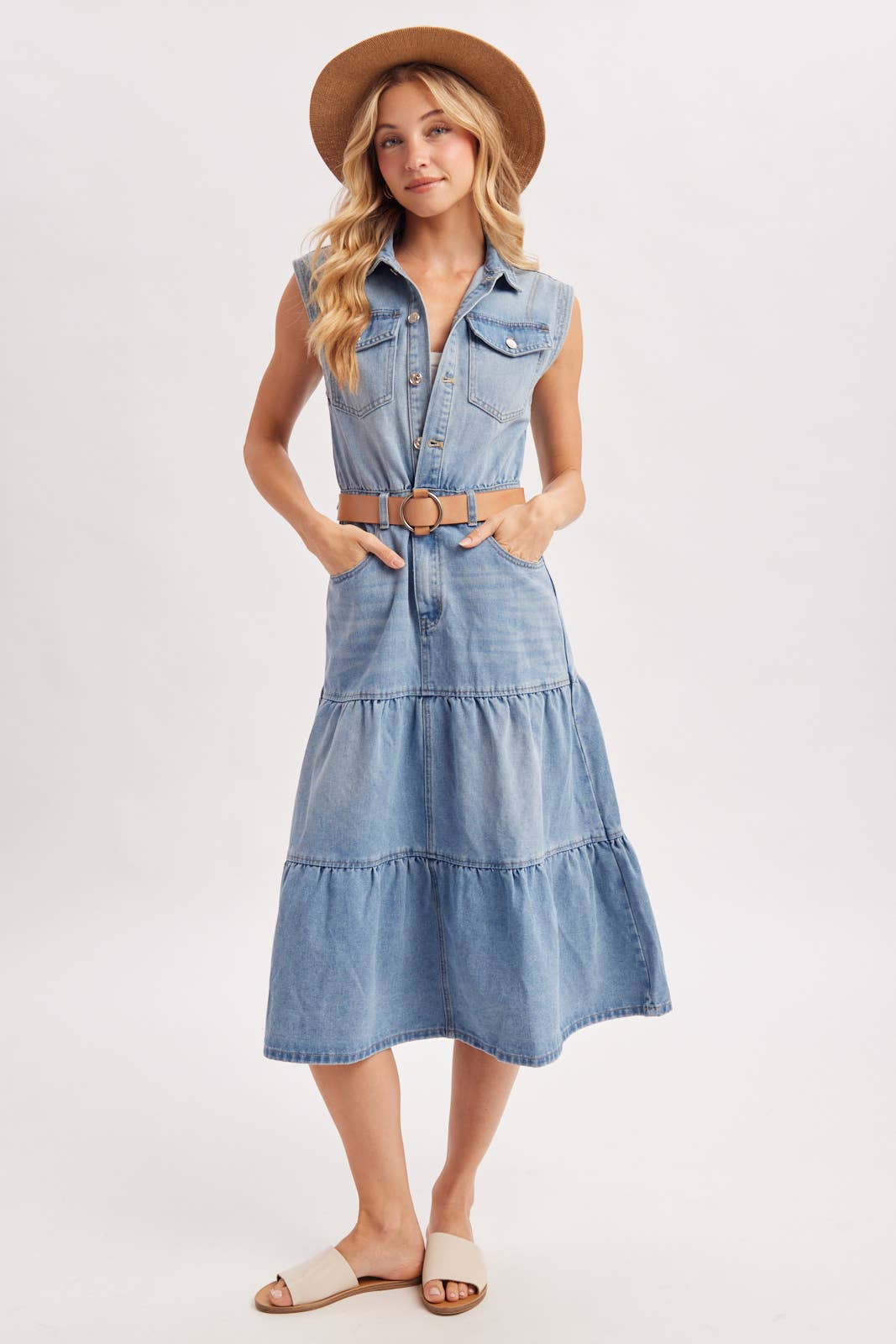 DENIM SLEEVELESS SHIRT TIERED MIDI DRESS