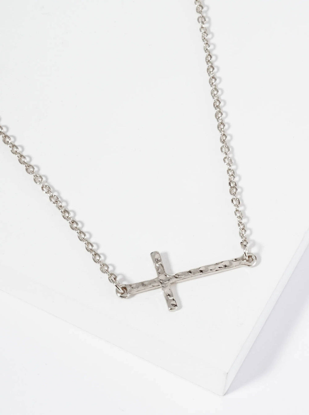Hammered Metal 1 Inch Sideways Cross Pendant Necklace