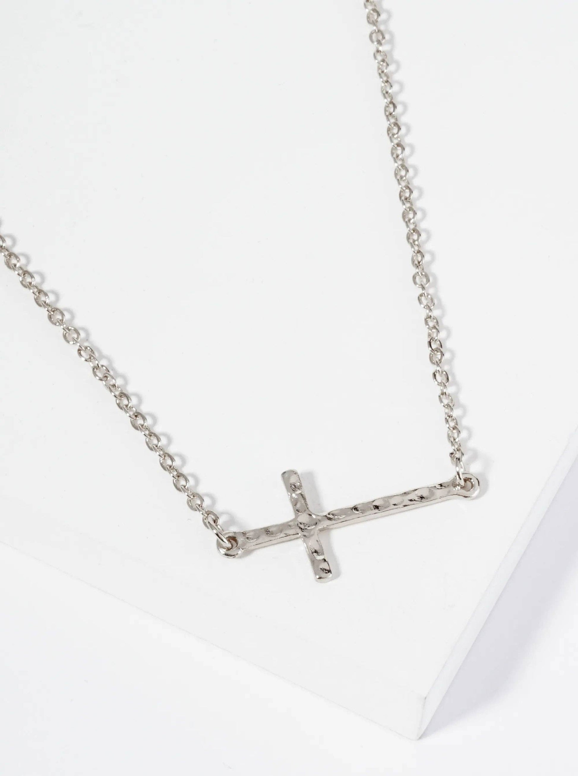 Hammered Metal 1 Inch Sideways Cross Pendant Necklace