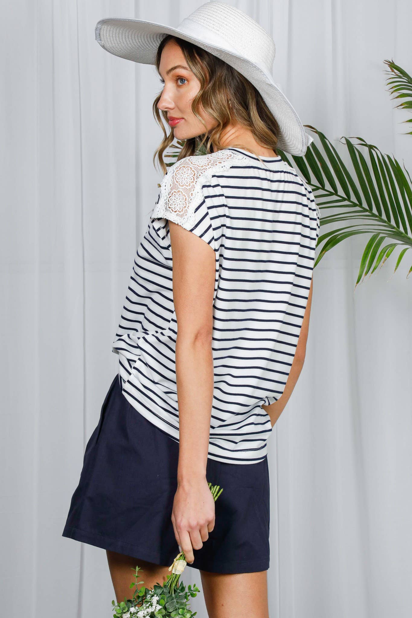 Eyelet Lace Trim Strip Print Cap Sleeve Knit Top