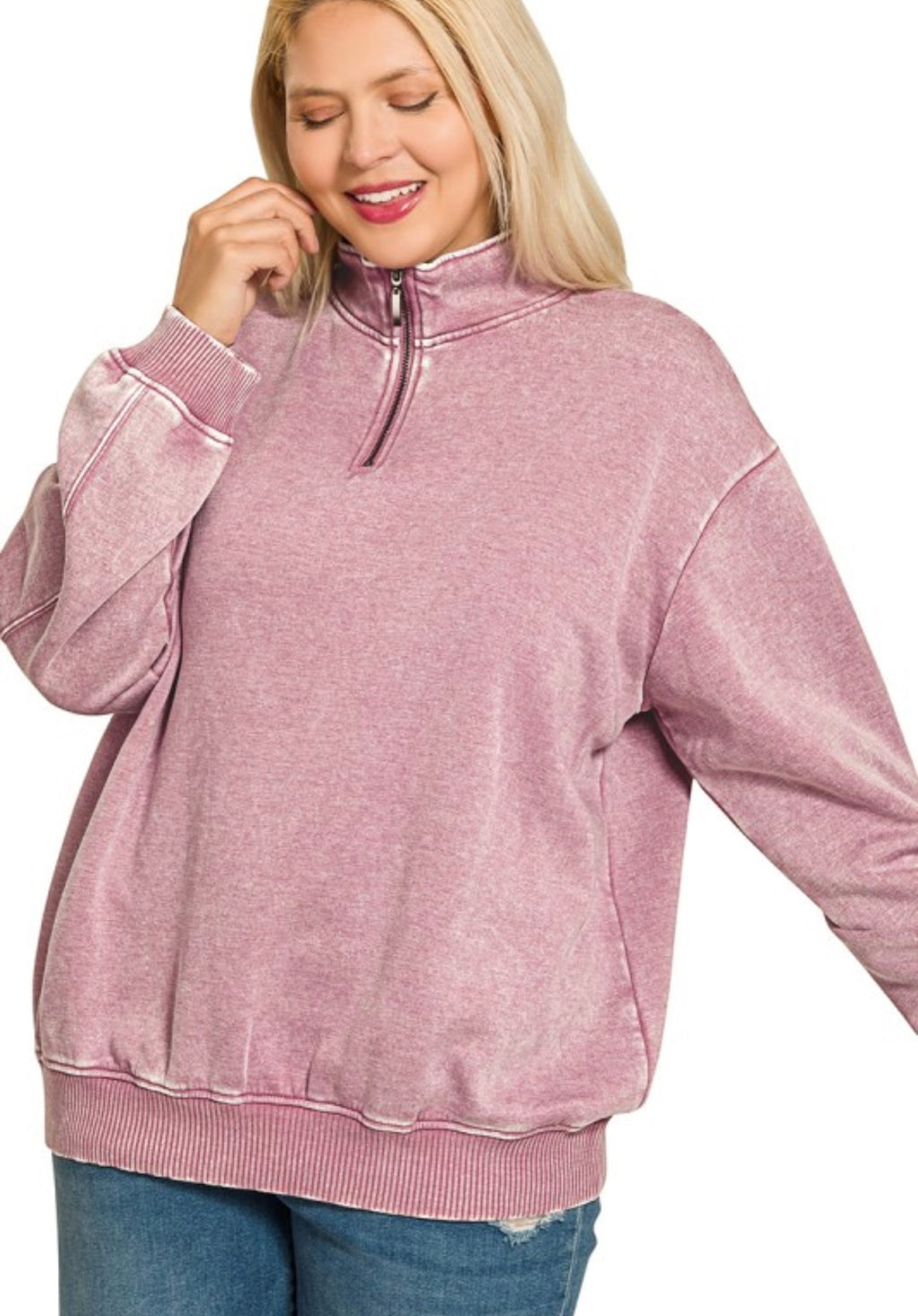 Curvy Acid Wash Fleece Quarter-zip Sweatshirt