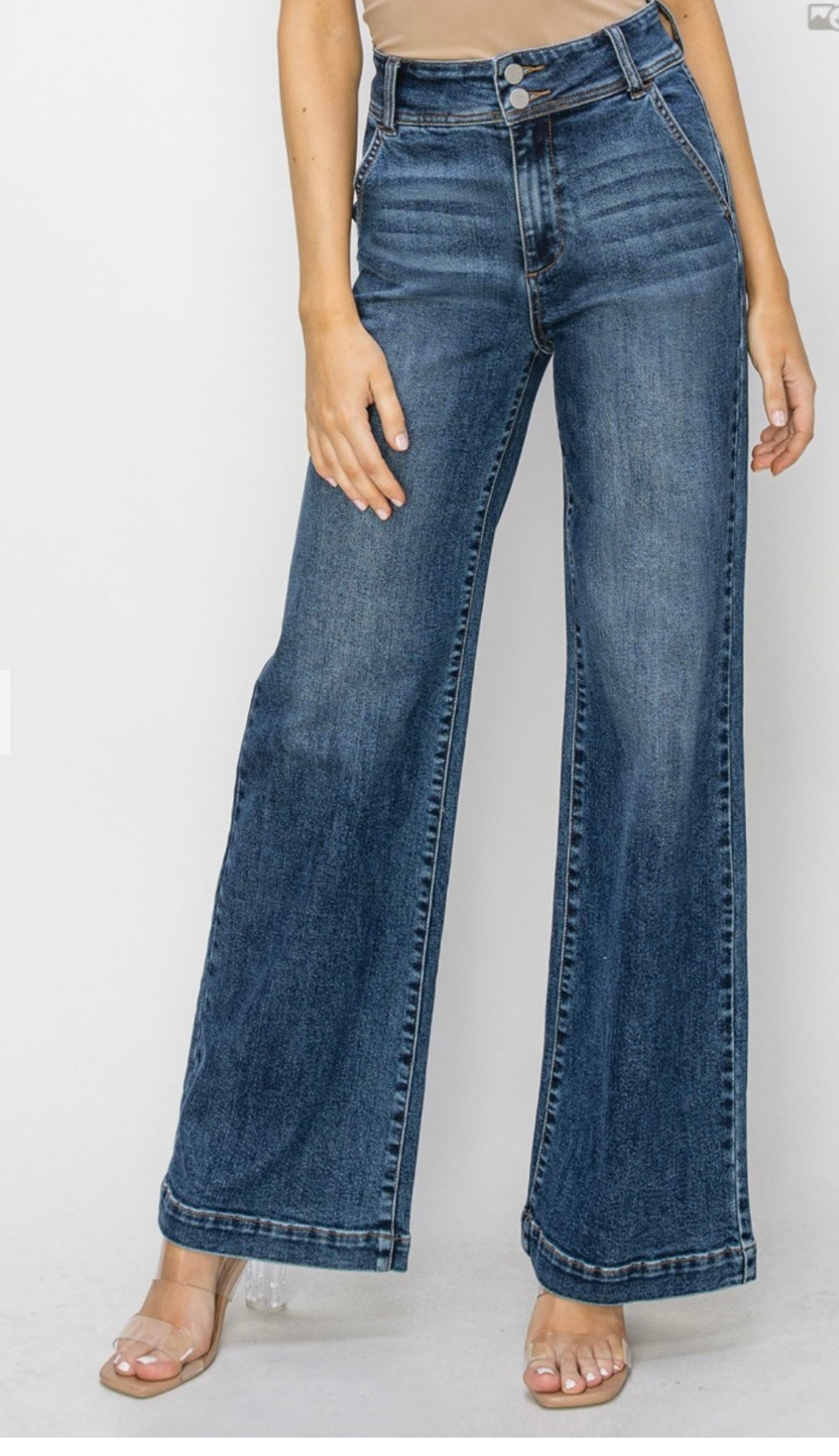 Risen Med Wash Tummy Control HR Double Button Wide Leg Jean