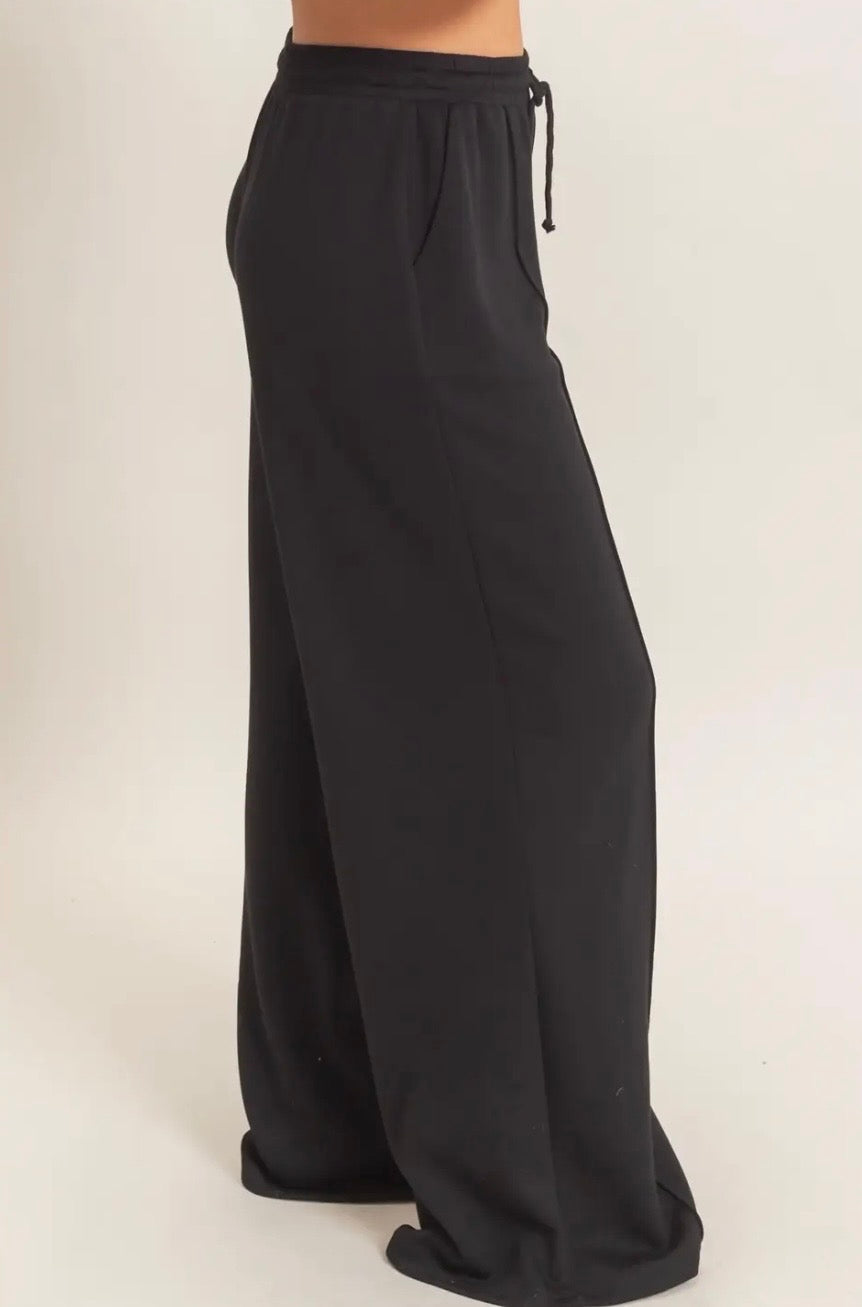 Drawstring Waist Pintuck Wide Leg Pants