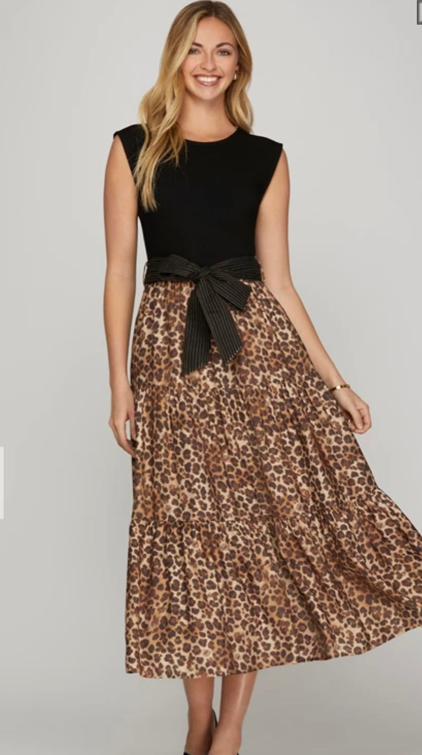 Knit and Woven Tiered Animal Print Midi Dress