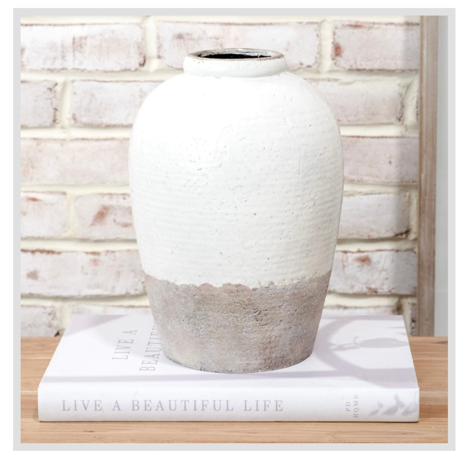 11" FRENCH TAN AND WHITE VASE