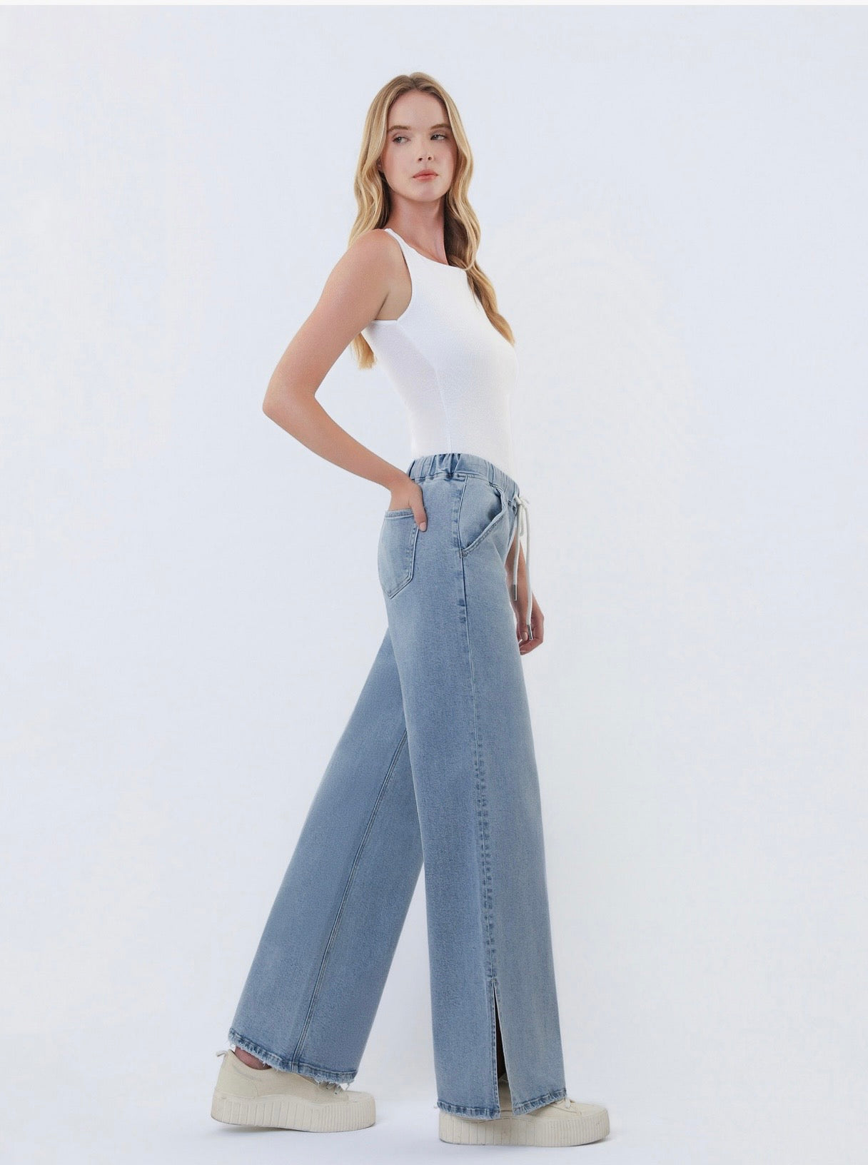Lovervet High Rise Drawstring Waist Side Slit Wide Leg Tencel Jean