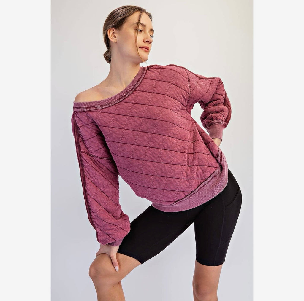 Mineral Wash Quilted Off Shoulder Sweatshirt