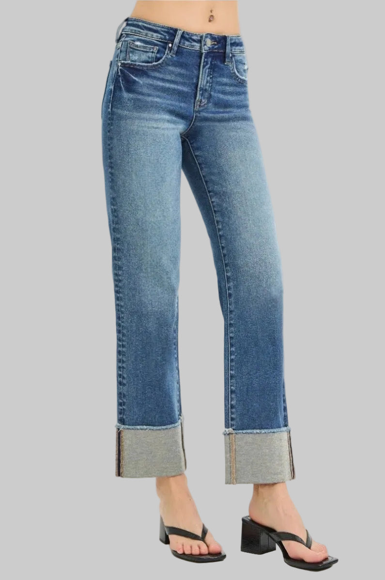 Risen Mid Rise Ankle Straight Cuffed Jean